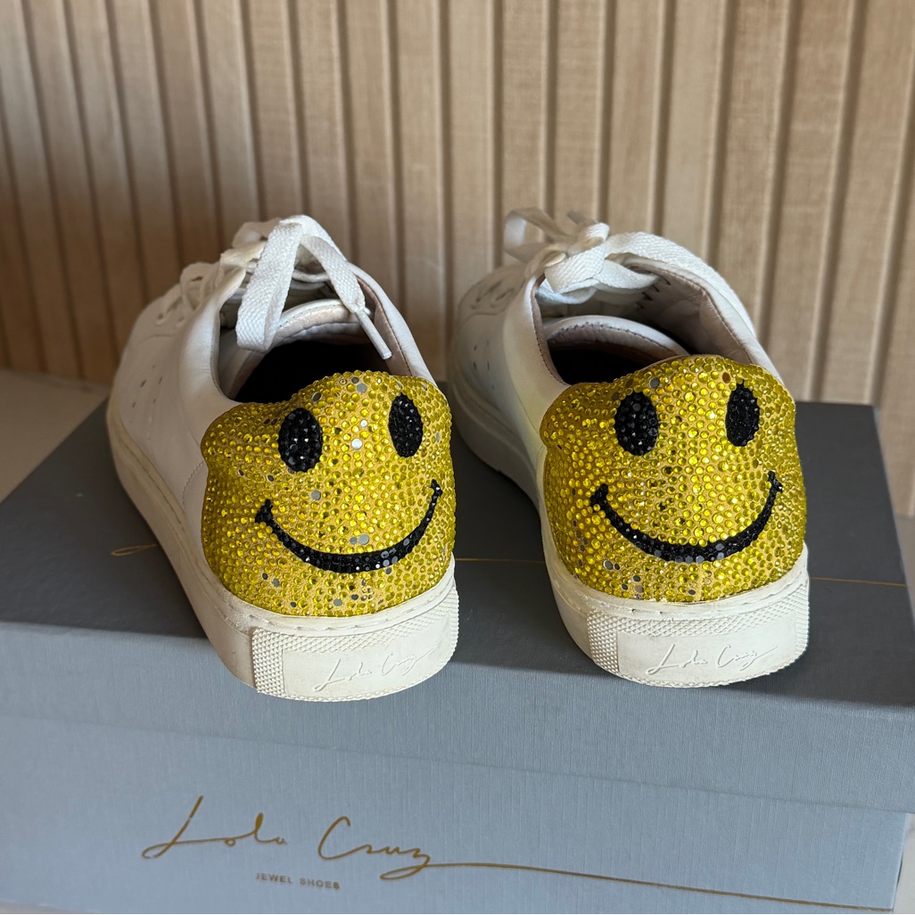 Lola Cruz Women's White And Yellow Smiley Sneakers